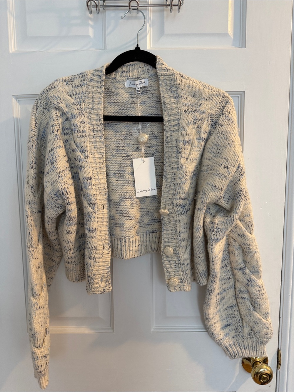 Emory Park Cream and Blue Speckled Cropped Cardigan Sweater
